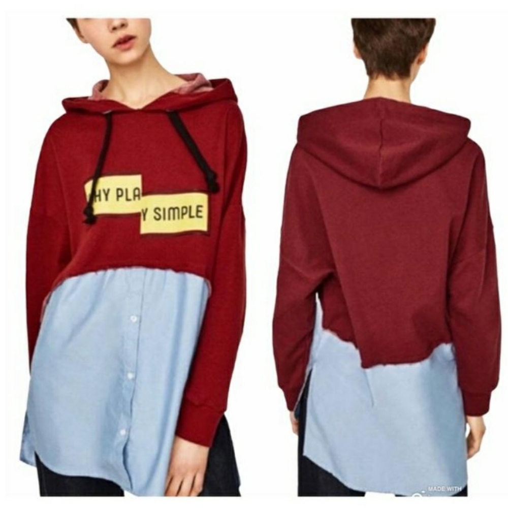 ⚡Zara "why play simple" Burgundy Long Sleeve Hooded Sweatshirt
